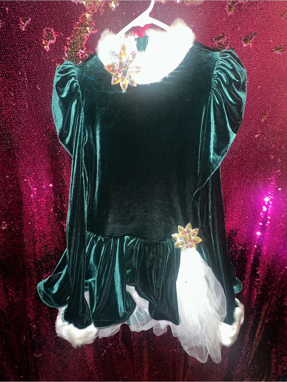 Emerald Green Velvet Holiday Dress with White Fur Trim